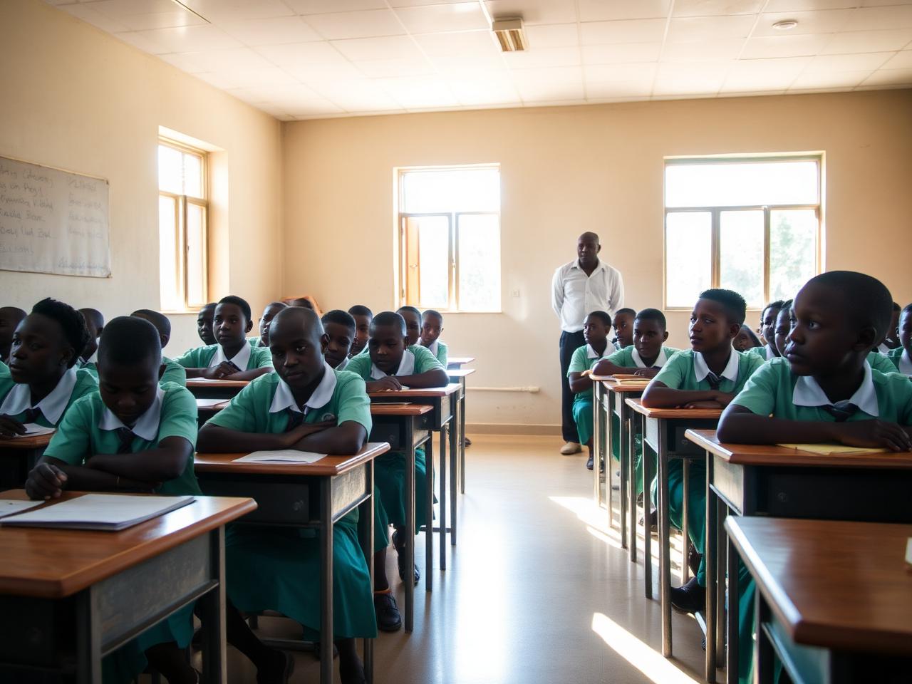 Kenyan classroom of students in green uniforms with their teacher
